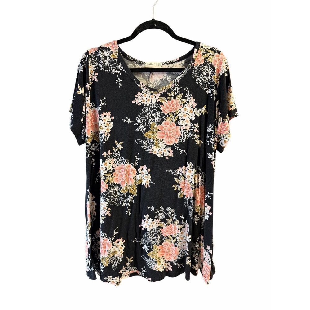 LARACE 2X Floral Tunic Top Black Boho Cottagecore Plus Size Flowy Casual Stretch